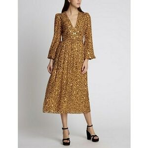Saloni Camille Silk Chiffon Midi Dress in Gold Camo Leopard Print